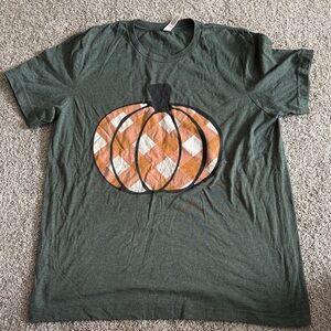 Green Tee with Orange Plaid Pumpkin Graphic